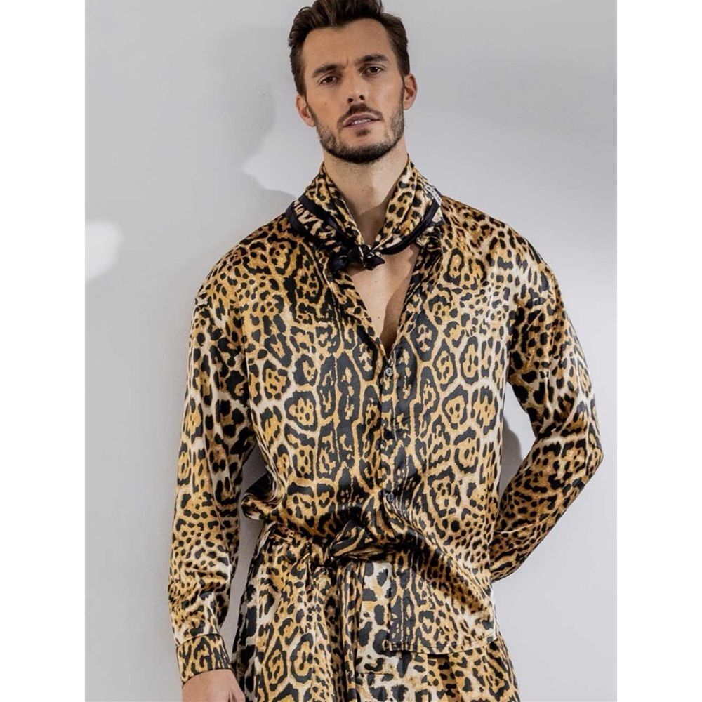 Rare ~ORTTU Justin Silky Statement 2 Piece Set  in Leopard Skin ( Shirt/ Pants)M